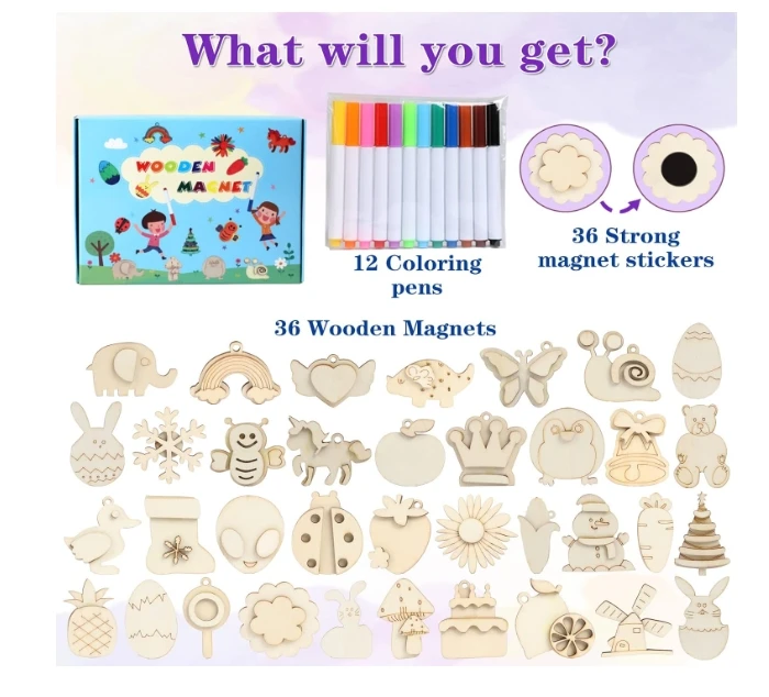 DIY Wooden Magnets Wooden Art Craft Supplies Painting Kit Kids Party Favors Boys Girls Birthday Easter Gifts Toys Basket
