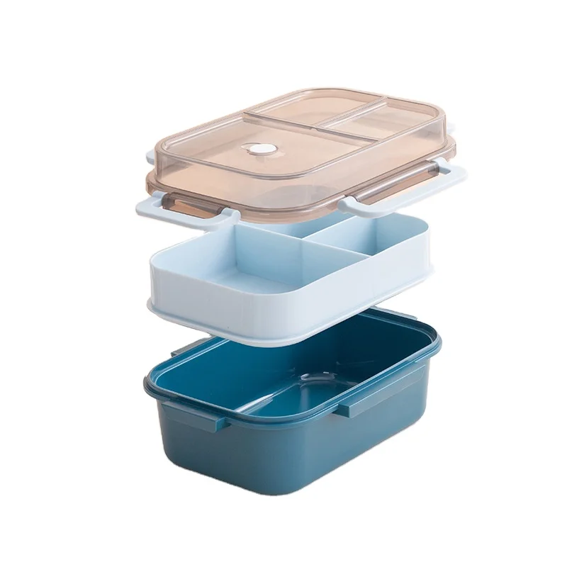 Durable Double Layers 3 Compartments Plastic Stackable Lunch Bento Box with Lid and Cutlery Set
