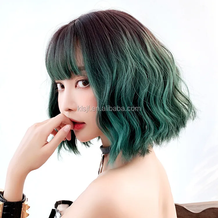 
Short Wigs with Bangs Ombre Gray to Green Wavy Curly Shoulder Length Synthetic Wig 