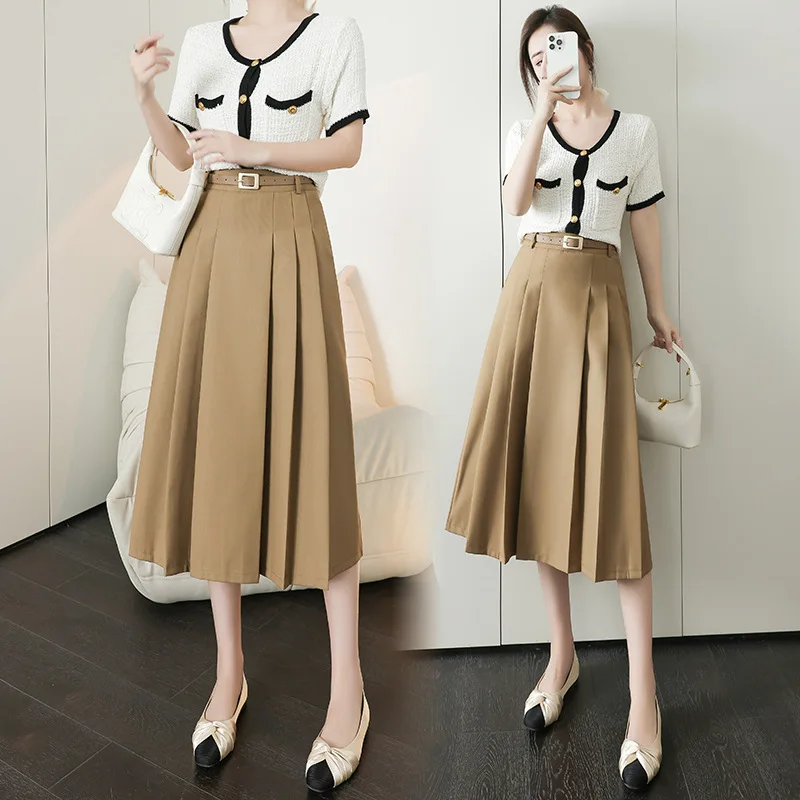 High waisted skirt Mid to long A-line pleated knee length skirt Big skirt