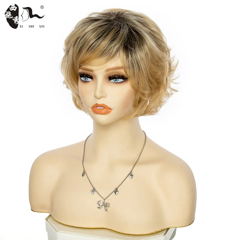 XISHIXIUHAIR Fluffy Short Wig for white women Blonde Synthetic Curly Short Hair Wig Ombre color