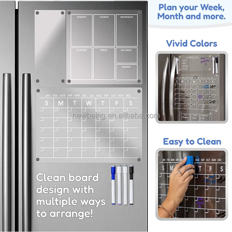Set of 3 Planning Dry Erase Board Clear White Month and Week Planner Acrylic Magnetic Memo Calendar for Fridge