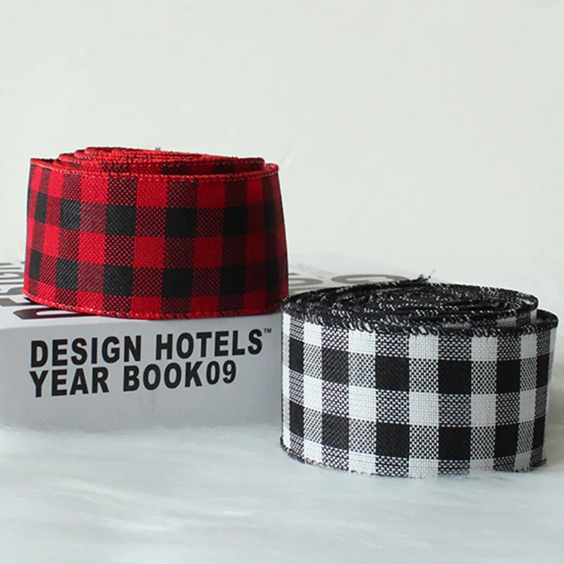 
5M / Roll Black Red Ribbon Wire Thread Floss Edged Burlap Ribbon Plaid Wired Ribbon Christmas Decoration Gift Packing Webbing 