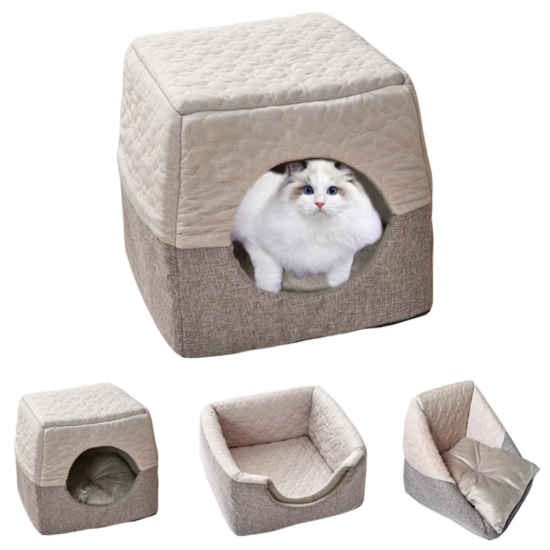 Dog Cooling Bed Cat Cave Bed Summer Sleeping Cool Ice Silk Bed Foldable Washable Soft Winter Pet Nest