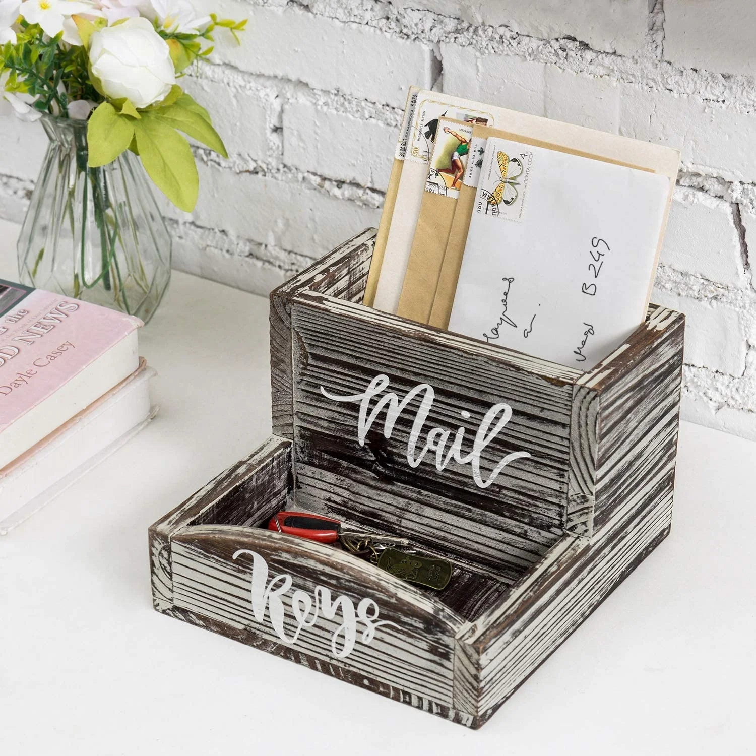 Rustic Torched Wood Tabletop Mail Organizer and Key Holder Storage Tray with Stylish Cursive Font