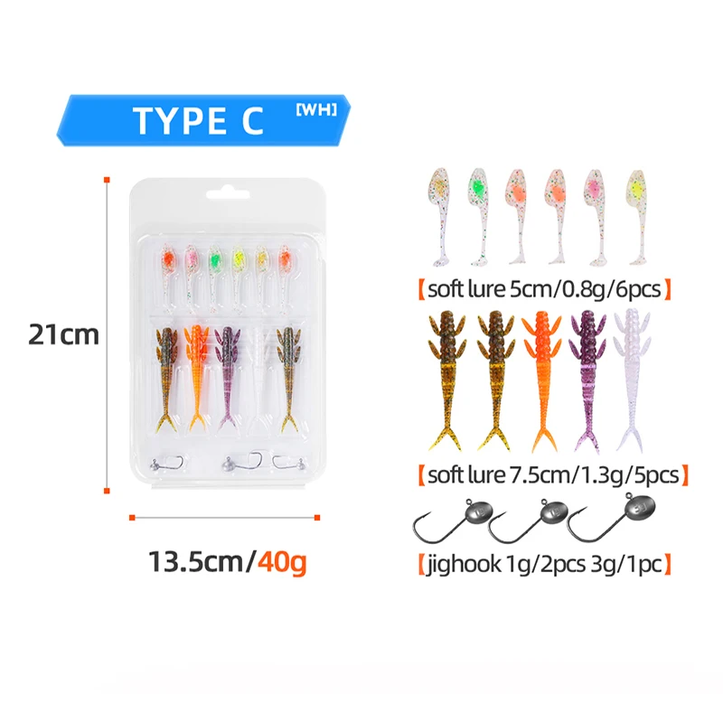 WEIHE 5types TPE soft fishing lure jighook kit soft fishing bait with lead head hook combo pesca freshwater saltwater