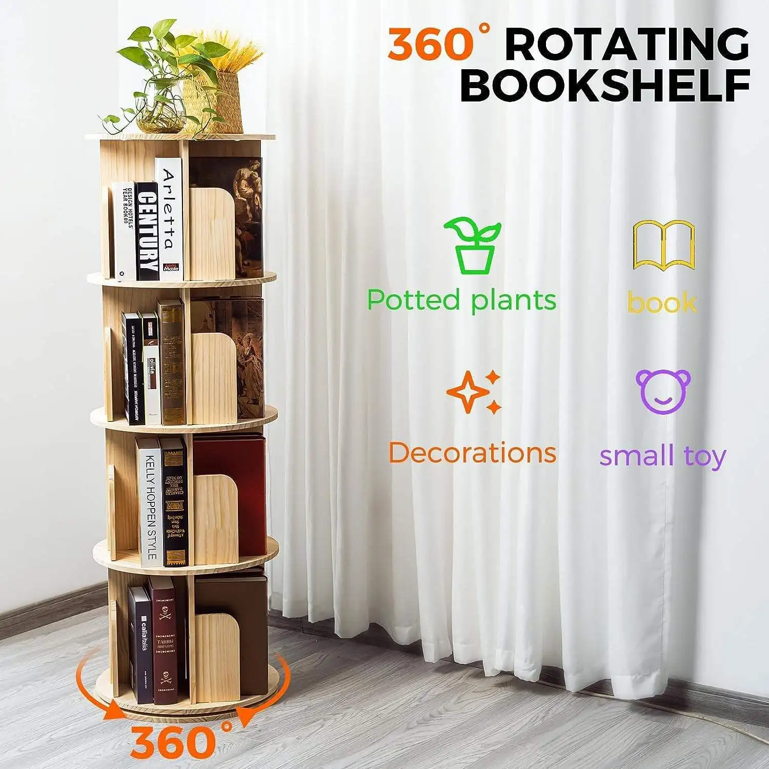 Artistic Rounded Corner Baffle Design Thickened Wood 360 Angle Rotating Bookshelf