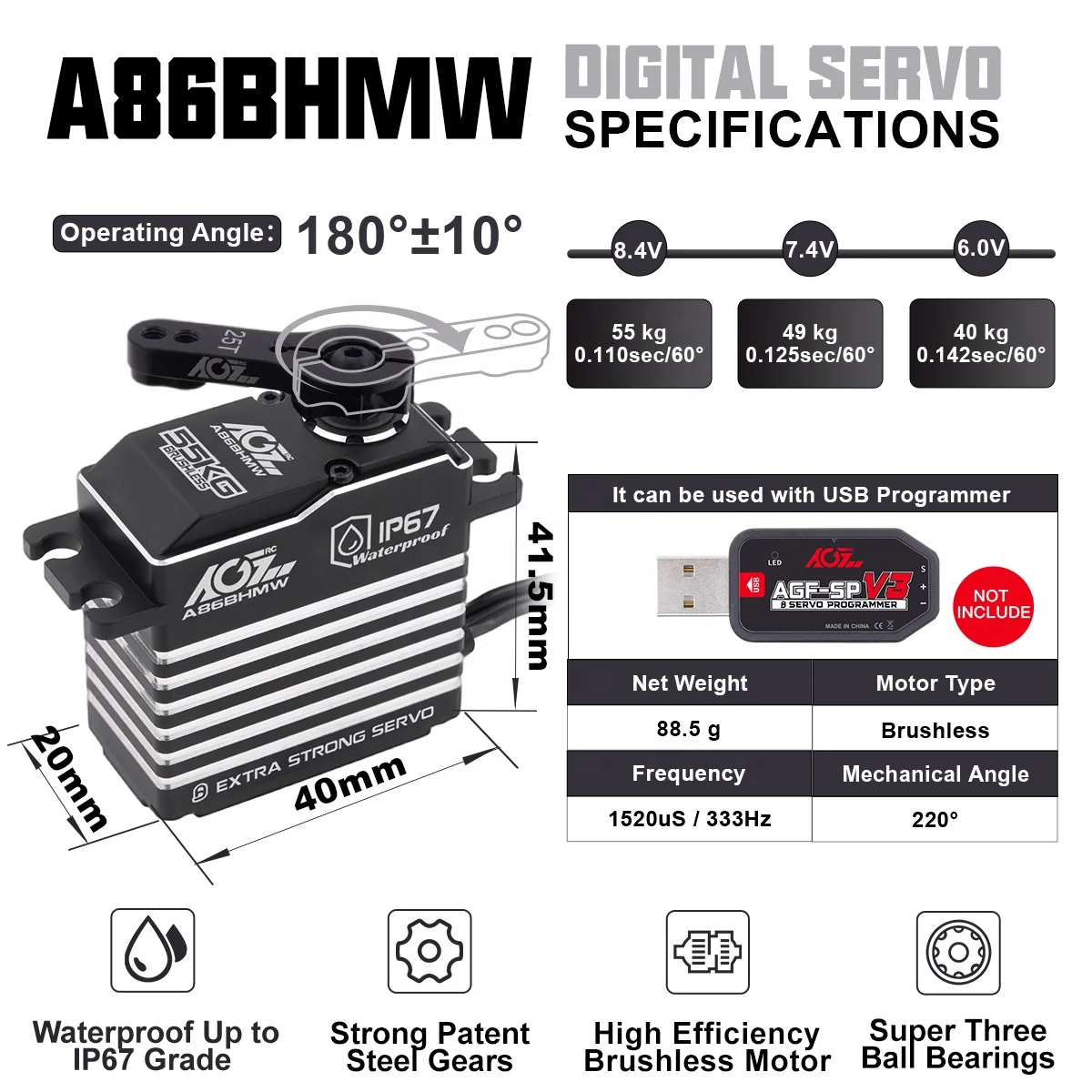 AGFRC A86BHMW Large Size 55kg 0.110sec Fast Respond Waterproof Digital Brushless High Torque Servo Motor For 1/10 RC Car