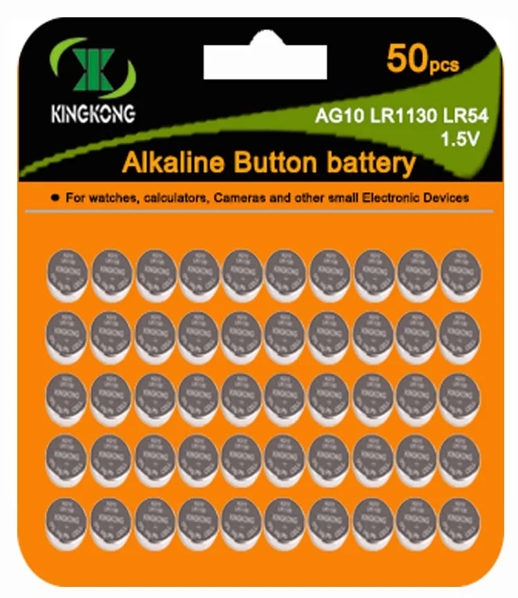 Kingkong AG10 LR54 LR1130 1.5V 50pcs Blister pack Alkaline batteries Button Cells