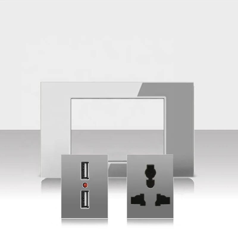 118 Grey American Standard Japanese Canada Brazil Thailand Wall Switch Socket Crystal Glass Panel 2 Gang 2Way USB Socket
