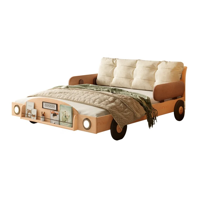 Children Bedroom Furniture Child Cot Rail LED Headlights Solid Wood Kids Car Bed