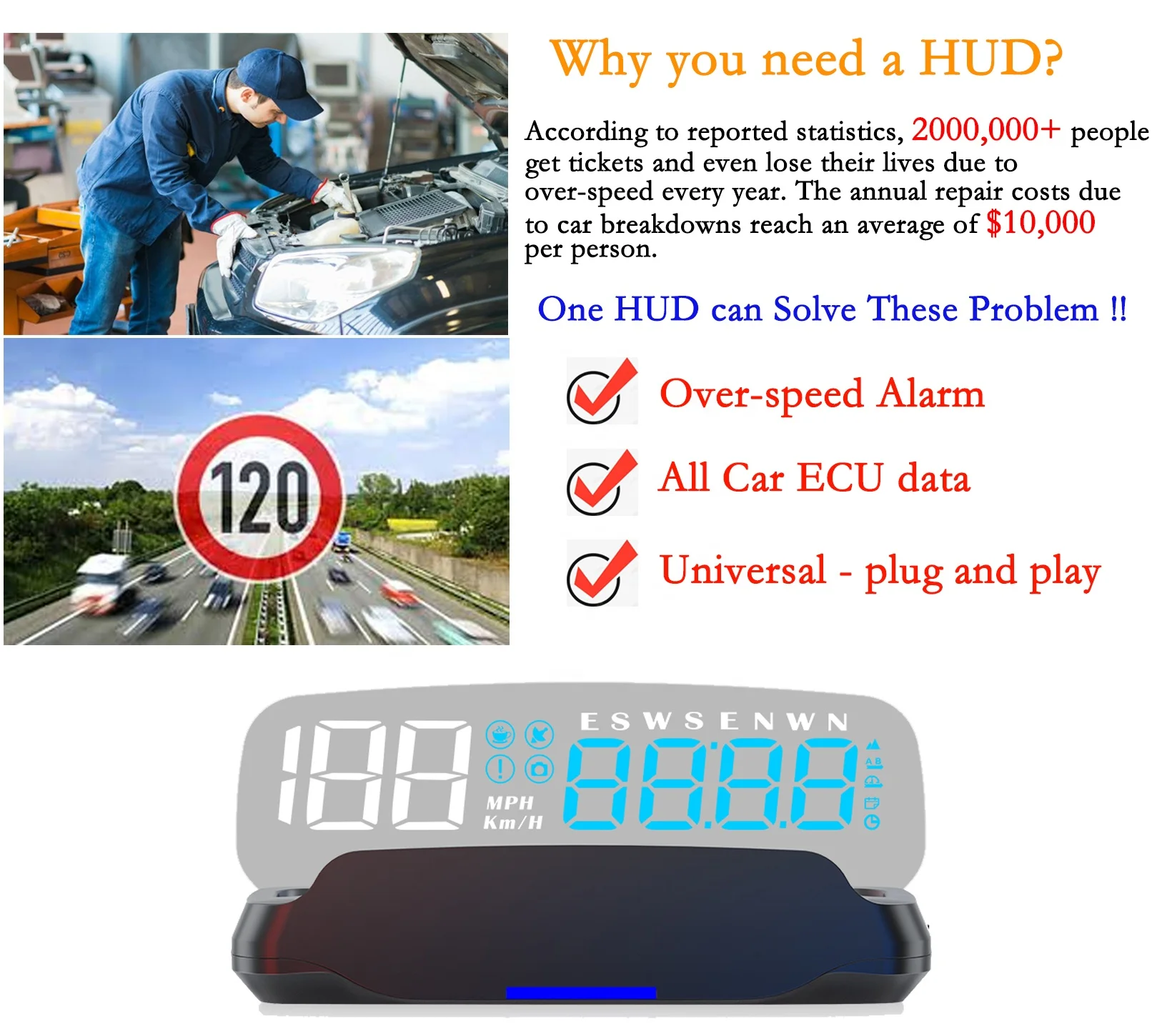 New 100% Car mirror GPS HUD head up display car speed alarm C7 blue LED popular hud display speedometer electronics