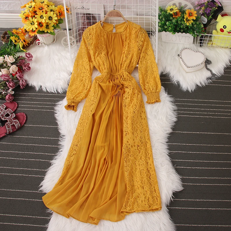 Elegant style dress round neck chiffon lace hollow stitching pleated skirt dress