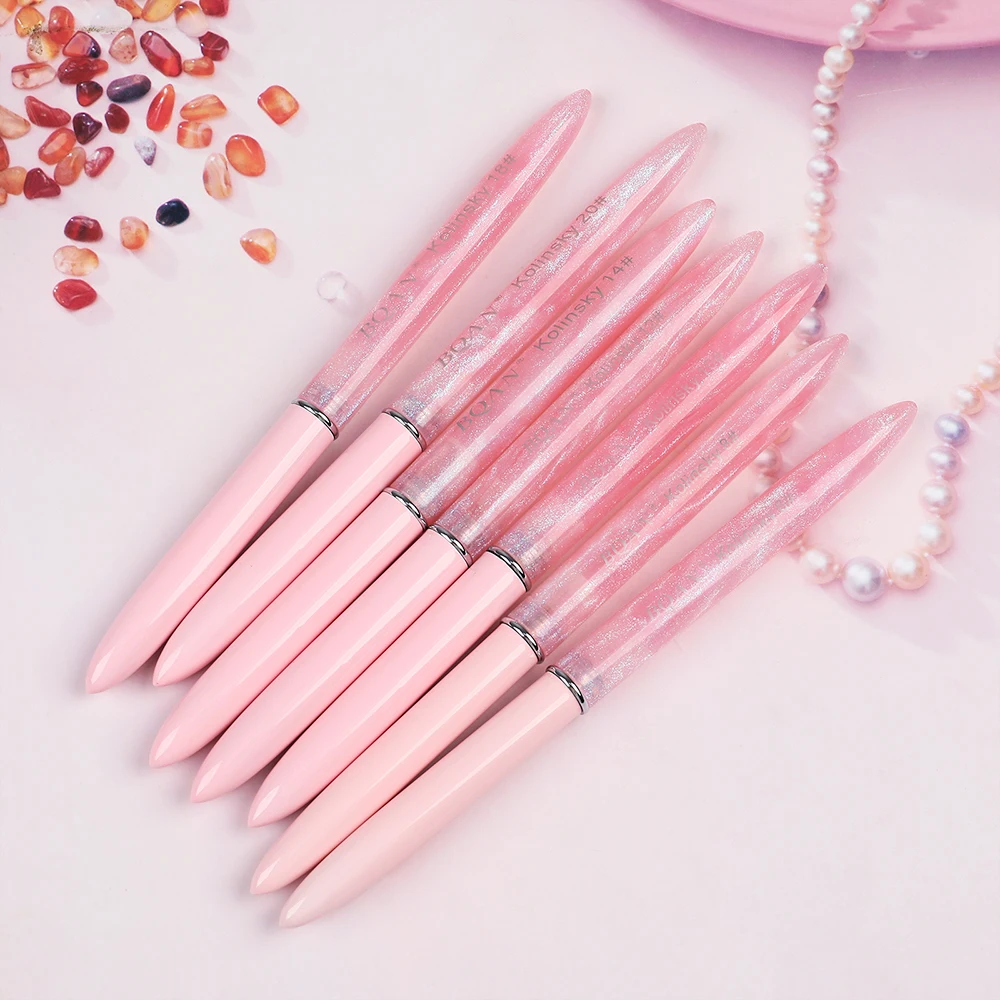 Factory Custom Logo Metal Acrylic Handle Acrylic Brush Pink Gradient Color 100% Pure Kolinsky Nail Art Brush Set