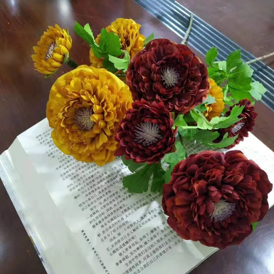 
ldb-flower 030 4 flower heads artificial flowers dark red silk marigold flowers for table flower arrangement 
