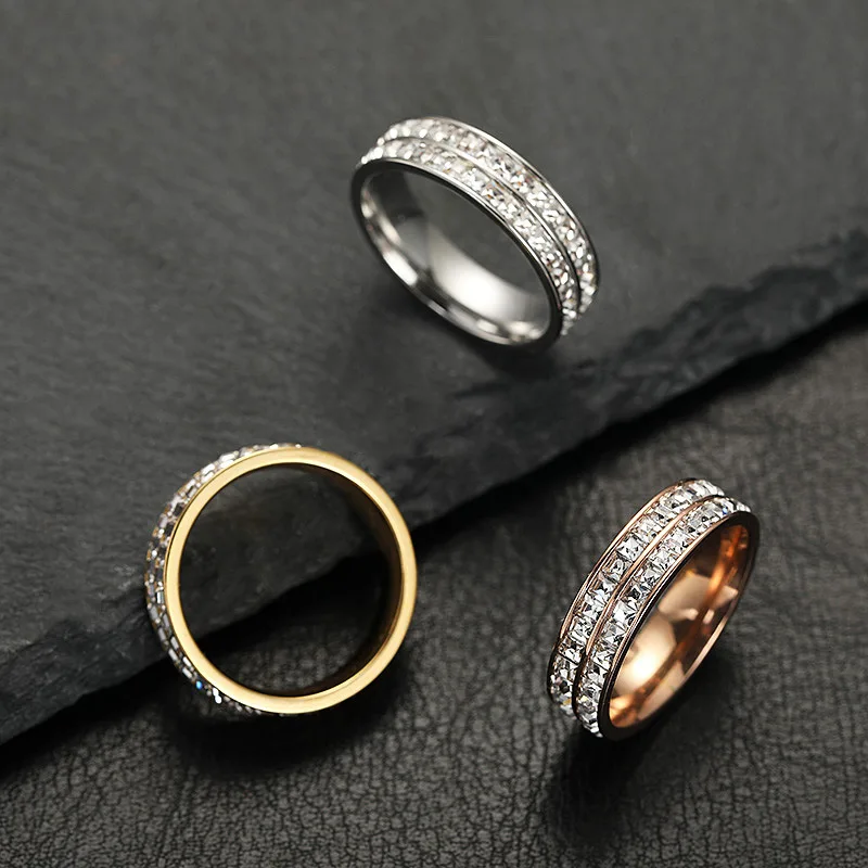 Wholesale Luxury Fashion Stainless Steel 6mm Crystal Rings Jewelry Men Male Women Ladies Titanium Steel Couple Ring Jewellery