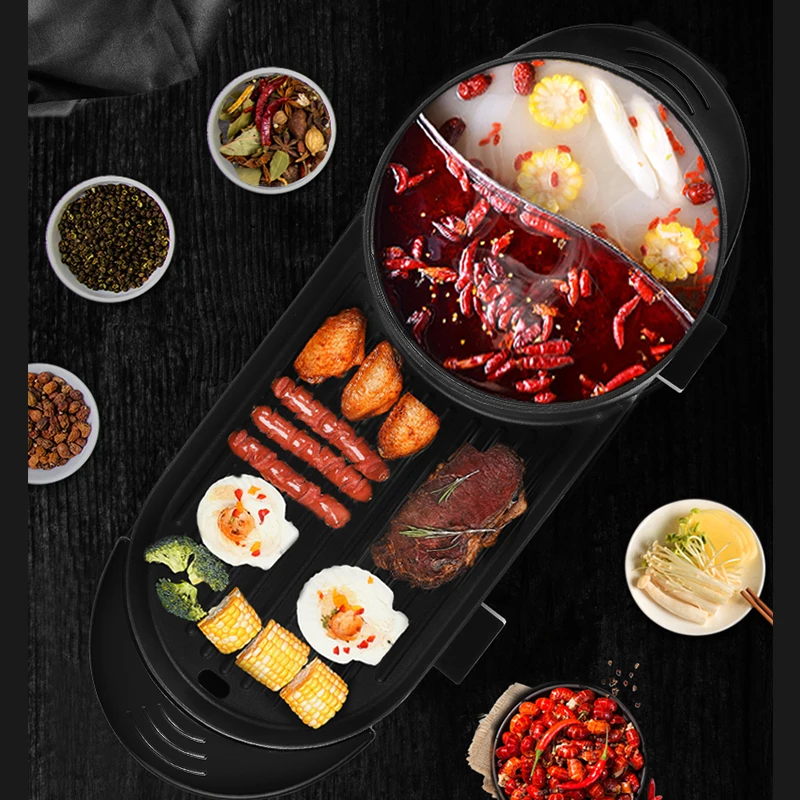 Indoor Korea Multi-functiona 2 in 1 HotPot and Bbq Grill Smokeless Nonstick Electric Grill With Hot Pot