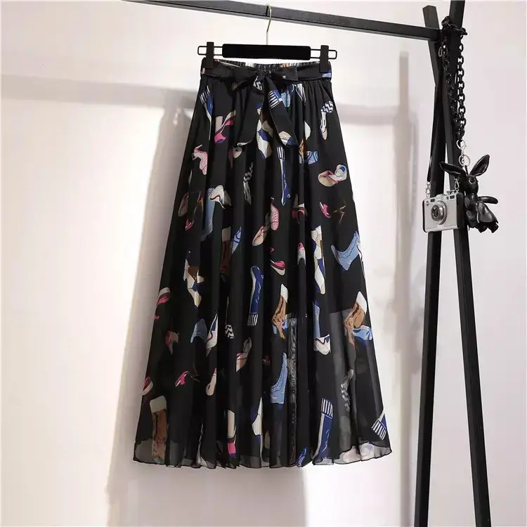holiday beach dress spring and summer women significantly lanky waist skirt printed chiffon skirt,latest long skirt design