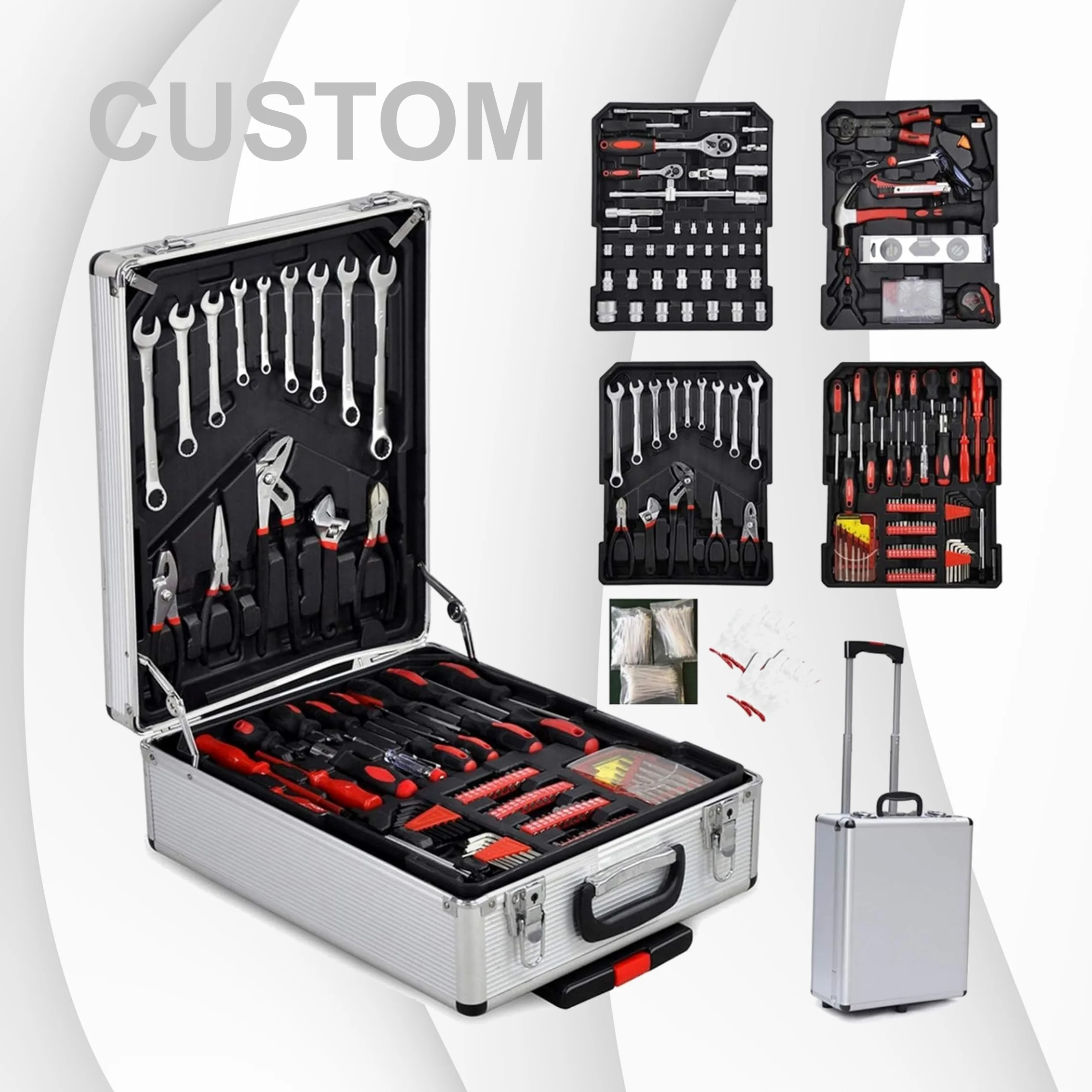 Peaktop 799pcs Combo Storage Case Tool Box Aluminum Trolley Case Tool Set Silver House hold Repair Hand Tool Set Kit