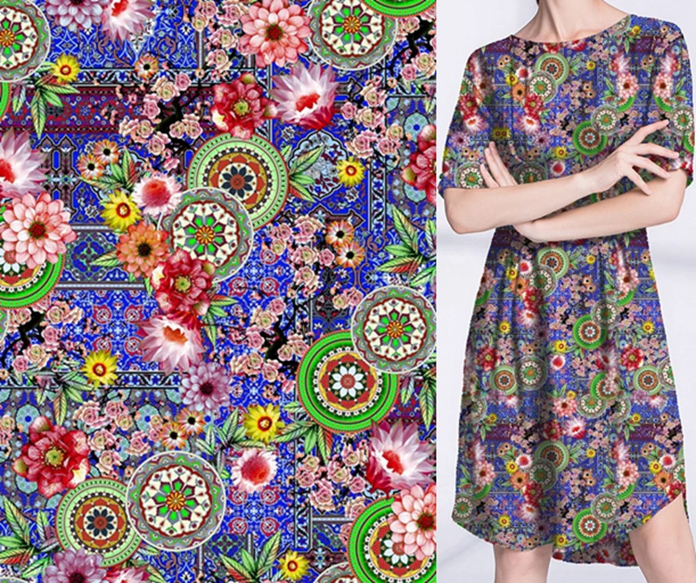 polyester soft moss crepe custom digital supplier circle pattern design printing for lady women t shirt wedding dress fabric
