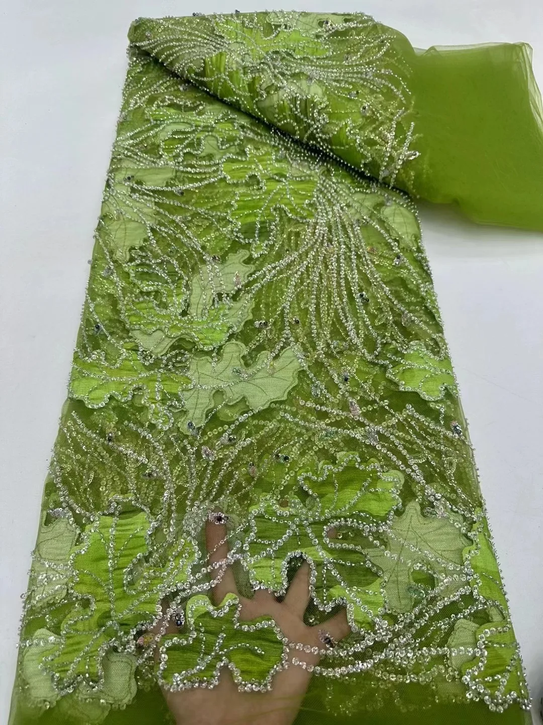 NI.AI Luxury Lace Fabric Colorful Sequence Net Lace Embroidery Satin Lace Sequin Fabric For Wedding Dress