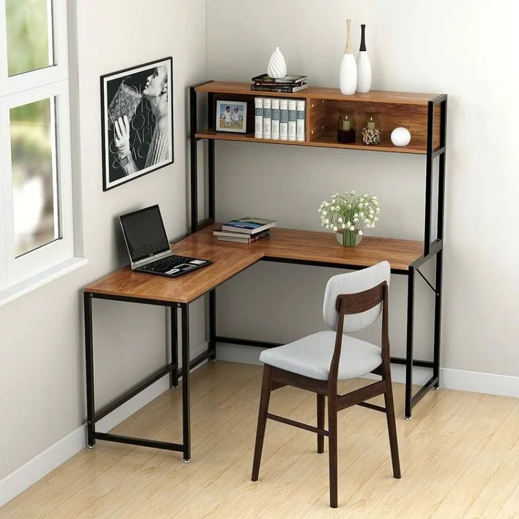 Wholesale L-Shaped Metal Frame Wooden Writing Office Desks Study Table Home Corner Computer Table With Shelves