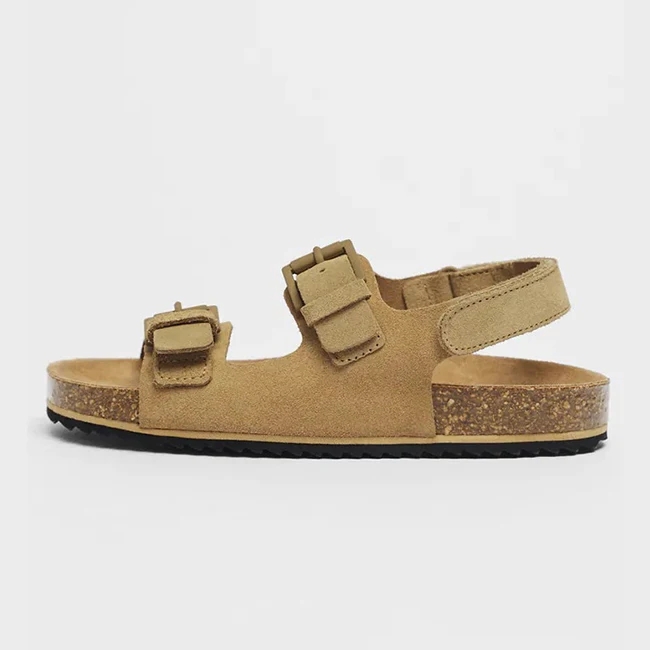 Shoes Manufacturer Custom Logo Boys Girls Little Kid Outdoor With Cork Footbed Flat PU Buckle Strap Sandal