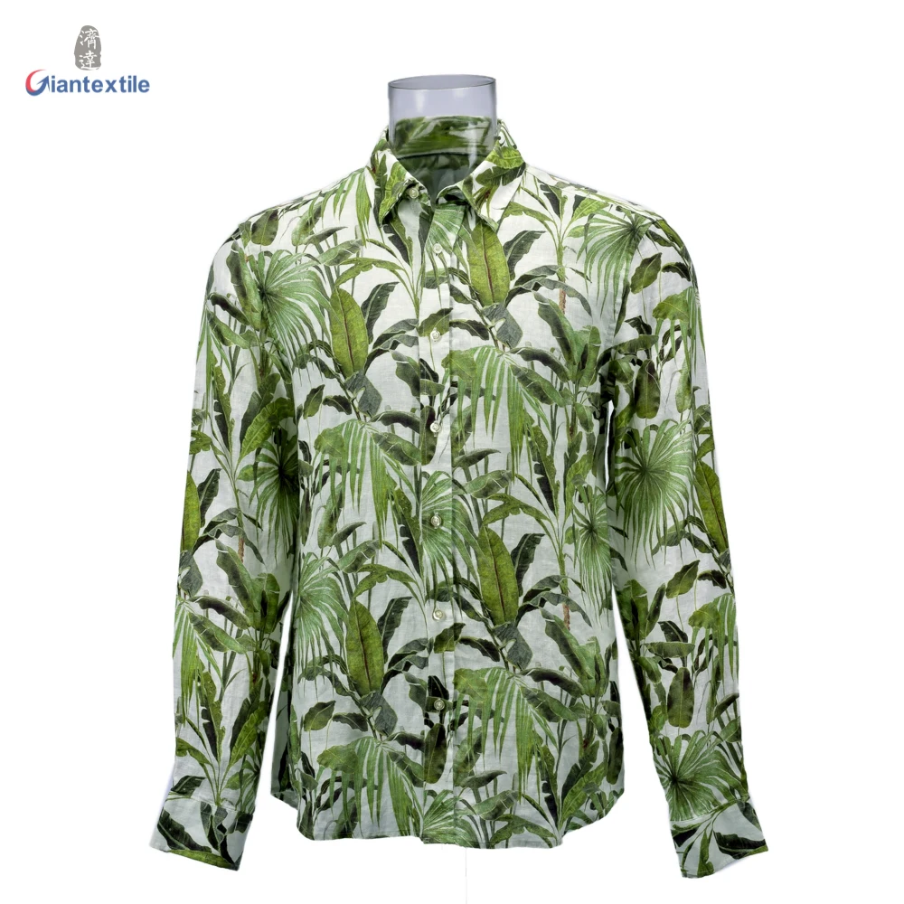 Мужская рубашка из 100% льна с длинным рукавом и цветочным принтом