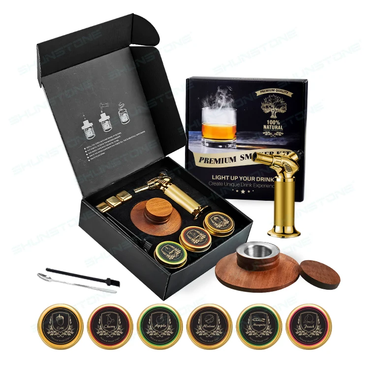 Hot Sale High Quality Old Fashion Wood Cocktail Smoker Kit With 3 6 Wood Chips Gold Stainless Steel Whiskey Stone Gift Set