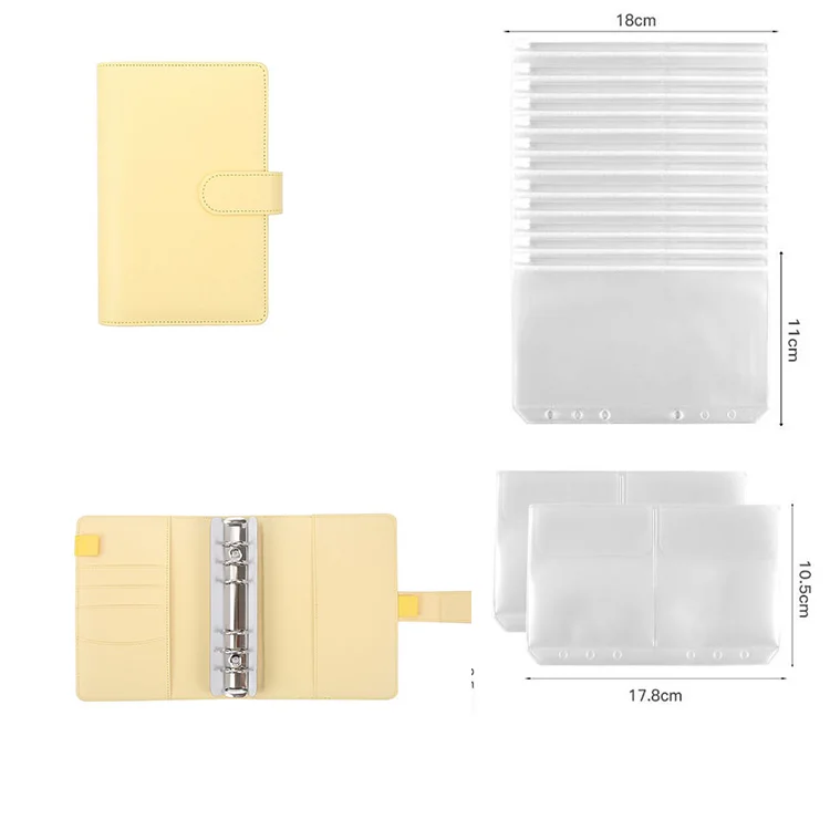 Конверты для наличных из искусственной кожи, A6, Бюджетный переплет, 6 кольцевых переплетов с 12 прозрачными пластиковыми конвертами
