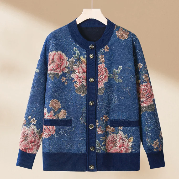 Womens warm lining floral printing Sweater jacket Mom padded thickened tops old lady cardigan Chinese style sweater