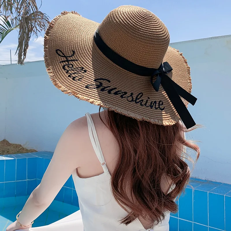 Travel Wide Brim Wholesale Fashion Ladies Round Sunshade Fedora Summer Visor Panama Bowknot Embroidery Straw Beach Girls Cap Hat