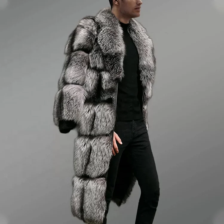 OEM  Winter Warm Custom Artificial Fleece Fur Jacket Thick Mens Faux Fur Long Block Pattern Silver Fox Fur Coat
