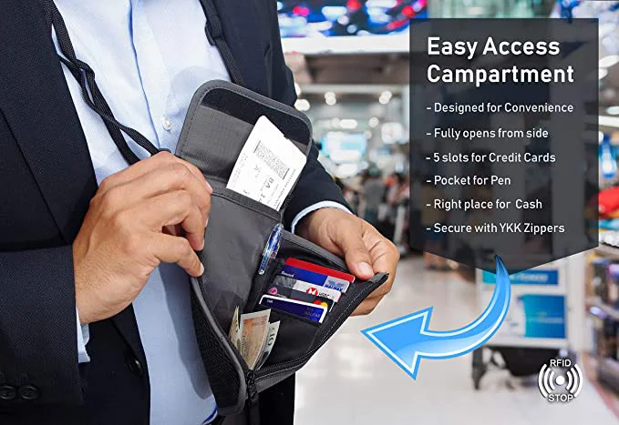 FREE SAMPLE Custom Waterproof Flat Secure RFID Blocking Hidden Travel Neck Wallet Stash Pouch