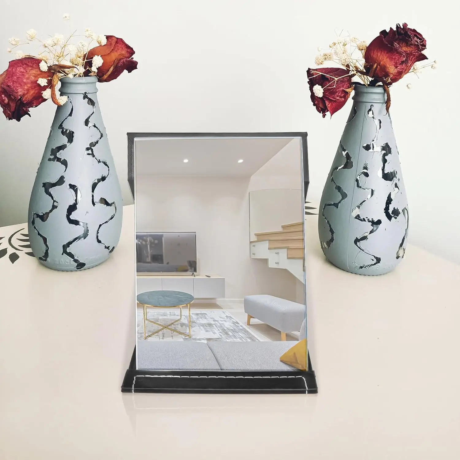 6x8 Inches Makeup Mirror Portable PU Leather Folding Desktop Vanity Mirror with Adjustable Stand for Vanity Table Office Travel