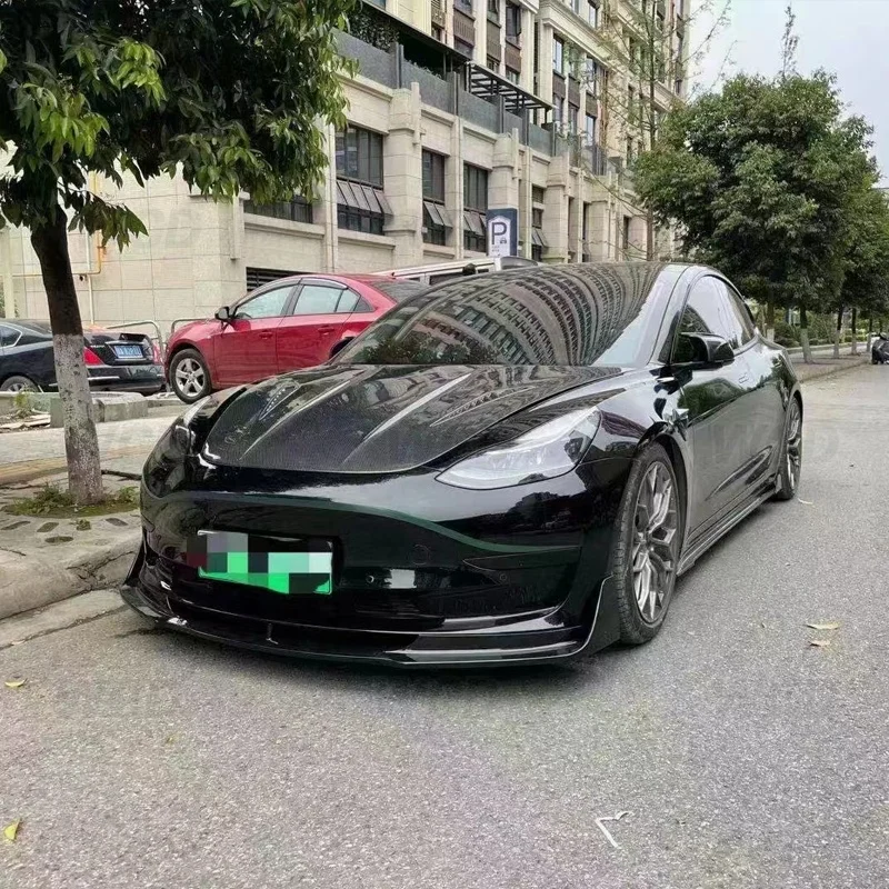 CMS Style Carbon Fiber Front Bumper Hood Bonnet for Tesla Model 3 Auto Racing Car Body Kit