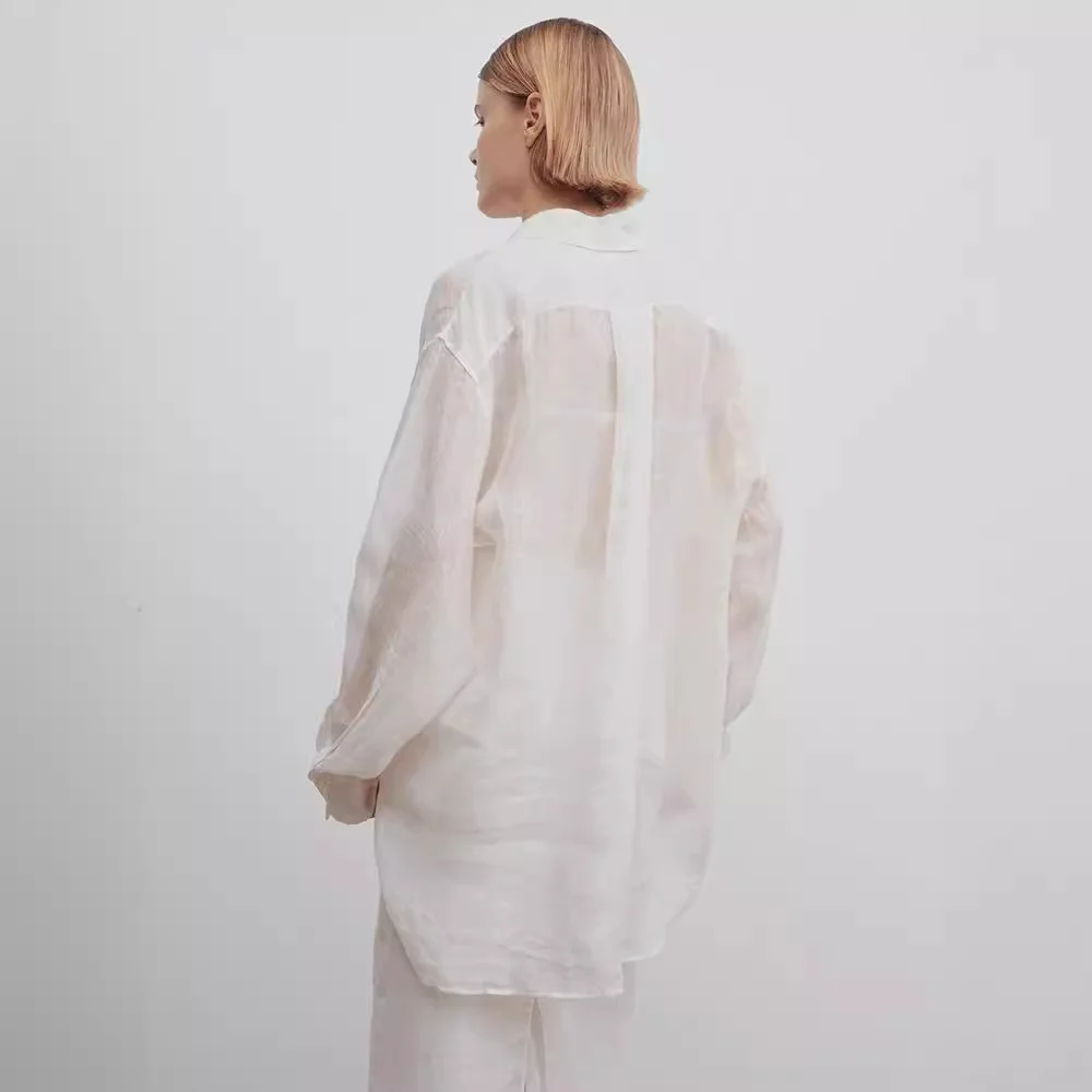 Bettergirl 2024 New Design Custom Lady Casual Top Clothes White Linen Blouse Women Fashion Long Sleeve Shirt Simple Design