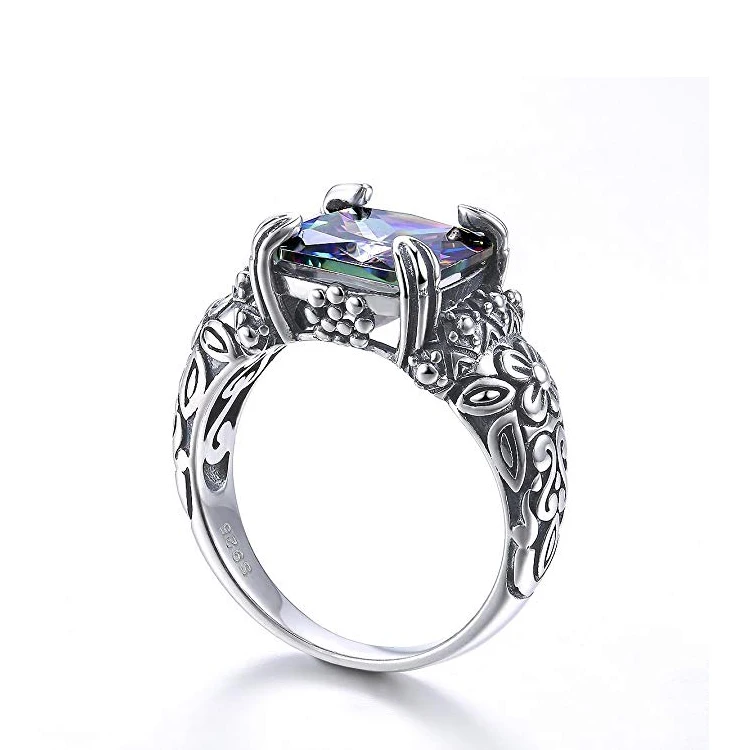 Antique 925 Sterling Silver Mystic Rainbow Gemstone Ring for Women
