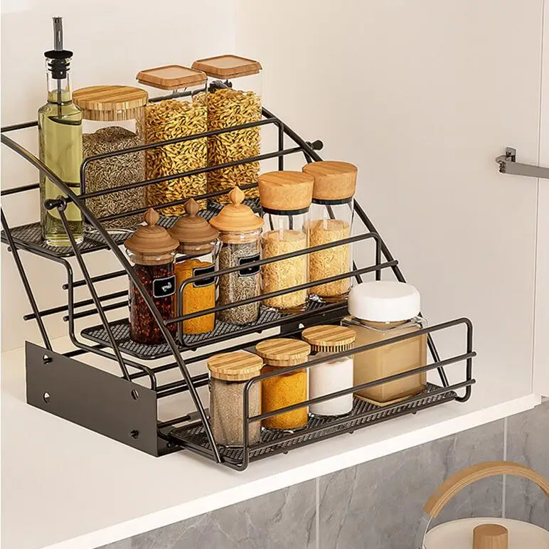 Metal Pull Down Spice Rack Retractable Large Capacity Kitchen Storage Shelf Organizer for Cabinet