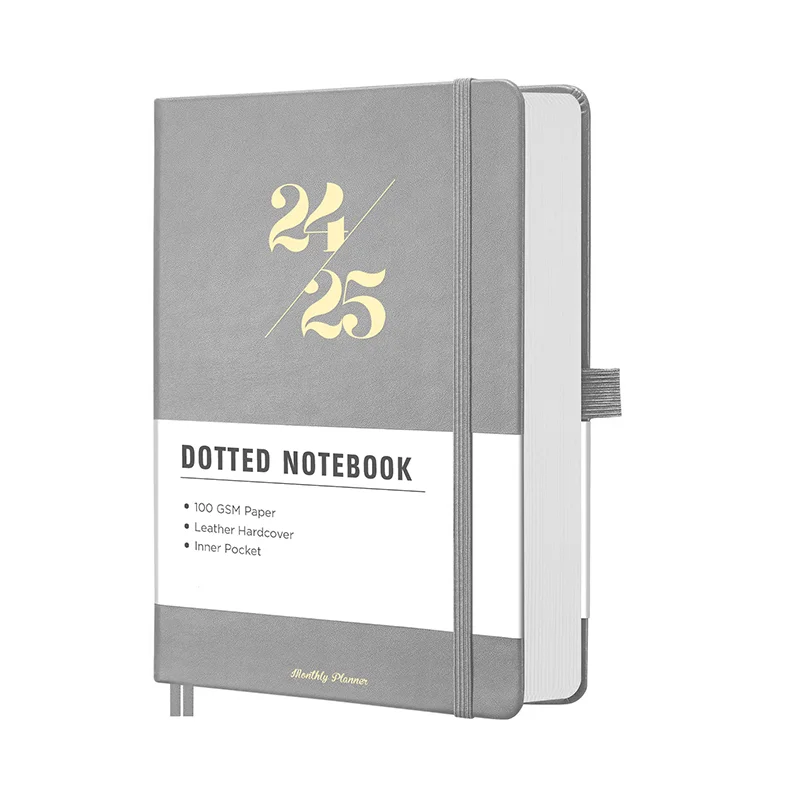 2024 2025 Custom Printing Bullet Dotted Journal Grid Planner Diary Daily Leather Cover School Business Agenda Workbook Notebook