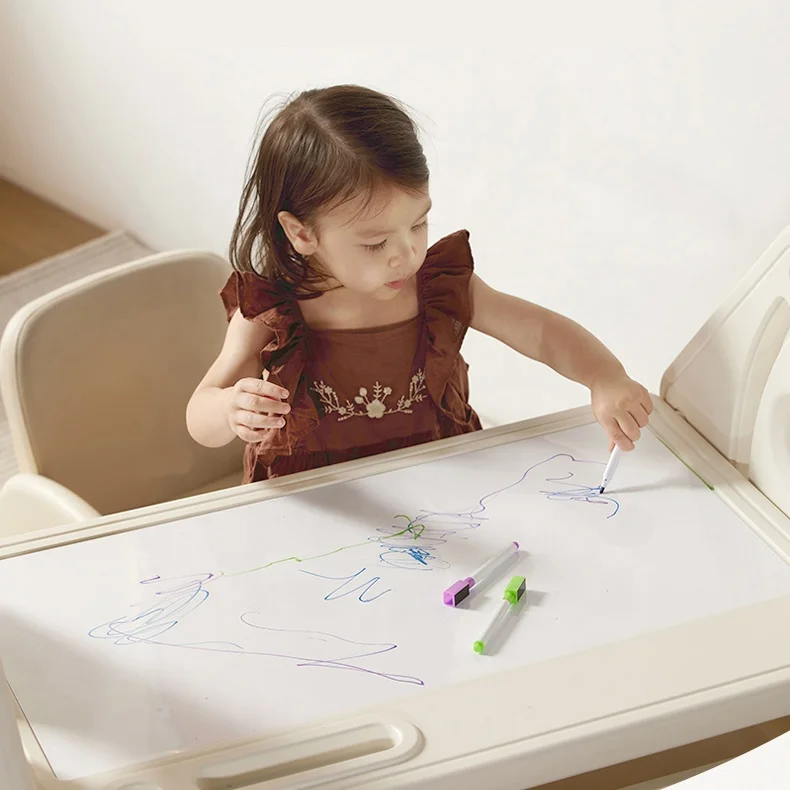 Multifunctional plastic kids toy storage bookshelf and study desk table with drawing board