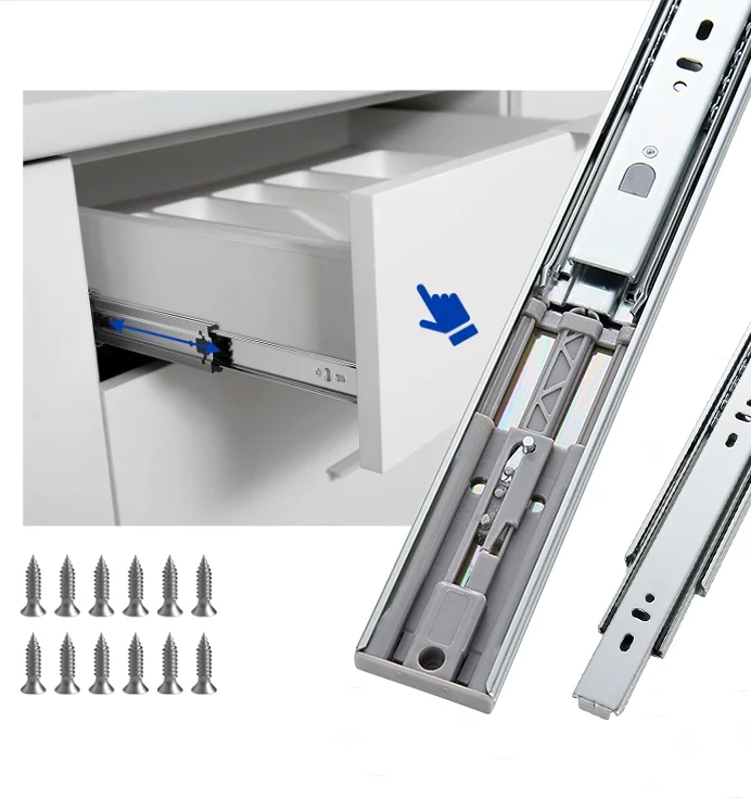 Full Extension Push To Open Drawer Telescopic Rails Kitchen Cabinet Hardware Light Push Slide-out Ball Bearing Drawer Sliders