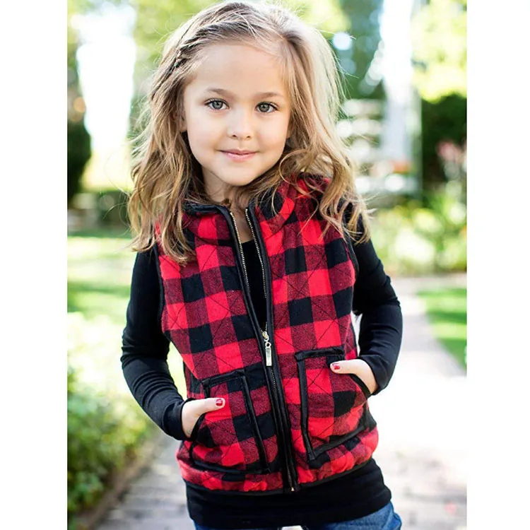Рождественская детская одежда, стеганый клетчатый жилет без рукавов с карманами на молнии и Буйволом для девочек, детская куртка