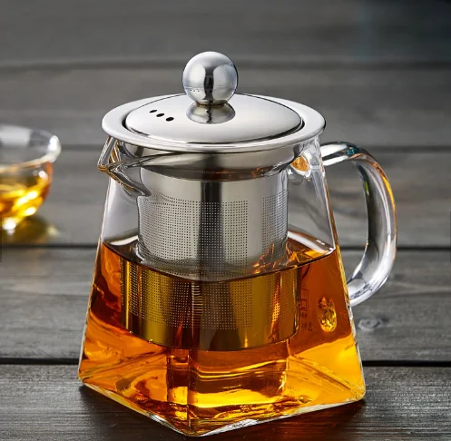 New design square shape pyrex glass teapot with handle and stainless steel infuser