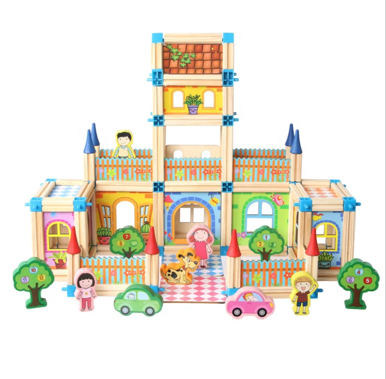 Wooden Castle Dollhouse with 2 People DIY Architecture Model Set Pretend Play Educational Toys