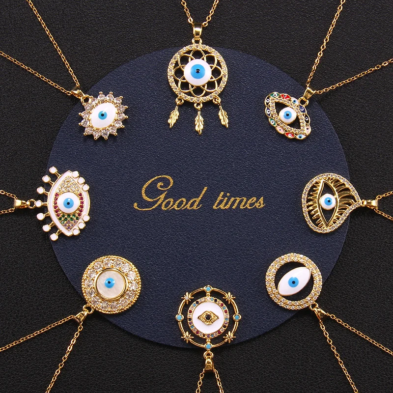 High Quality Hip Hop 18k Gold Plated Brass Blue Oil Drop Enamel Iced Out Cubic Zirconia Evil Eyes Shape Pendant Necklace