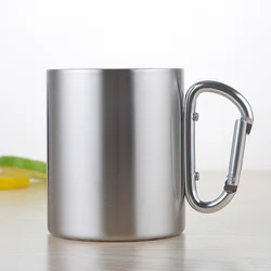 Portable Cup 10oz Stainless Steel Camping Carabiner Mug Thermal Hook Handle, Carabiner Stainless Steel Double Walled Travel Mug