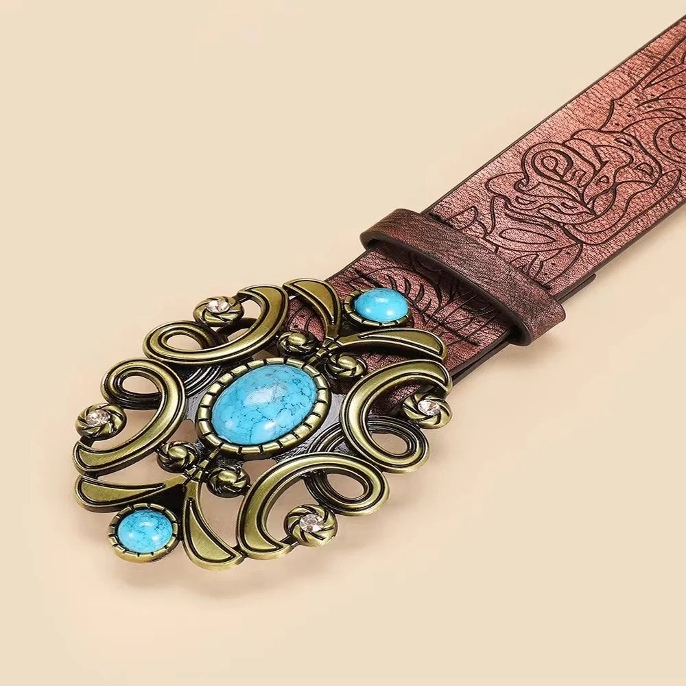 Fashion alloy vintage hundred with belt brown belt  turquoise print ethnic pu belt for women