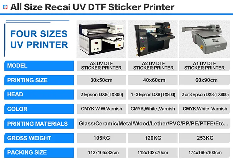 A3 Size RECAI New Product UV DTF Sticker Printer Flatbed Printer with DX8 Heads for Epson