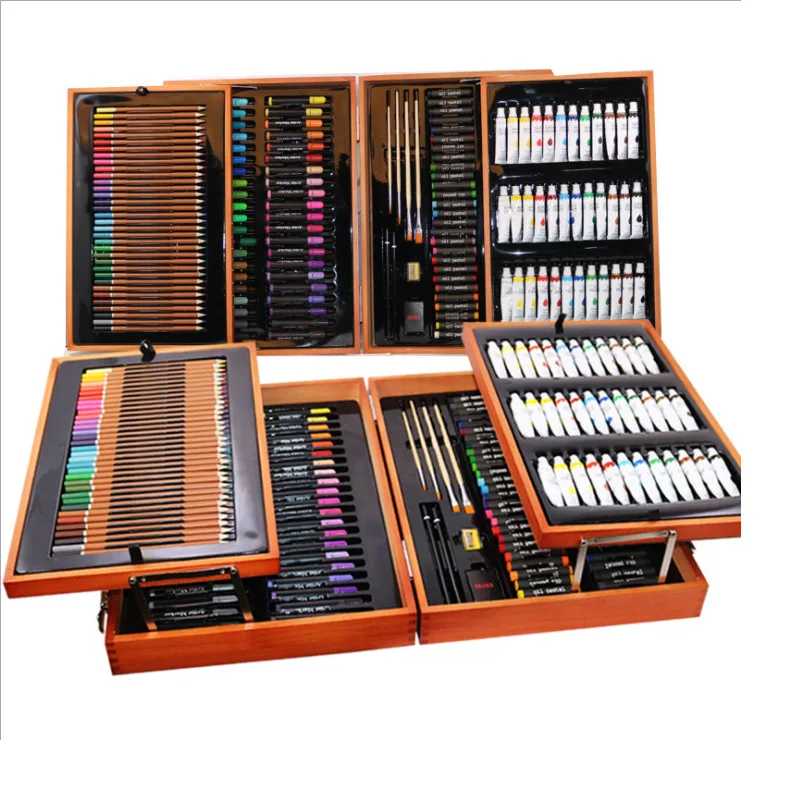 174 Pcs Double Layer Wood Box Packing Gift Set Drawing Painting Colorful Pencil Watercolor Pen Marker Pen Art Set